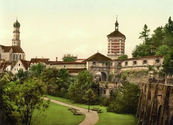 Framed Print : At the red gate in Augsburg, Bavaria, Germany, Historic, digitally restored reproduction of a photochrome print from the 1890s