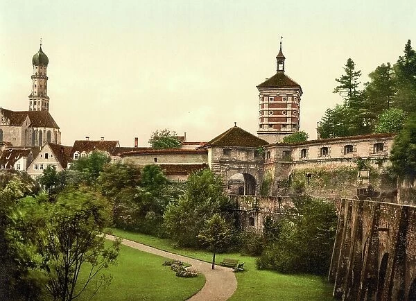 At the red gate in Augsburg, Bavaria, Germany, Historic, digitally restored reproduction of a photochrome print from the 1890s