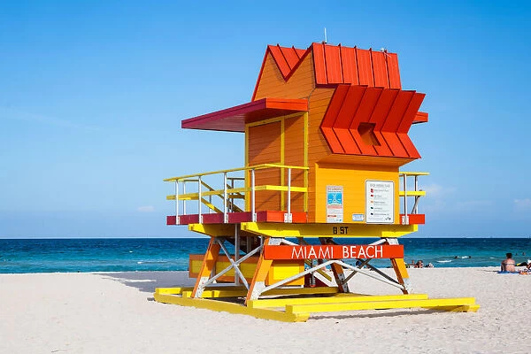 Red lifeguard cabin on South beach, Miami, USA