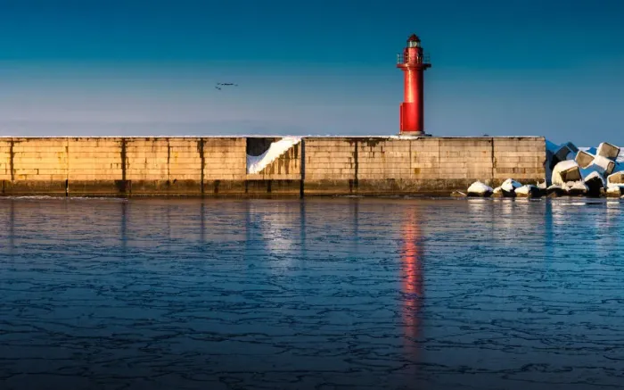 Framed Print : Red lighthouse at Okhotsk ice sea Framed Print : Red lighthouse at Okhotsk ice sea