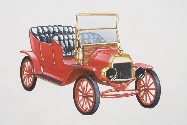 Red model T Ford car, front view