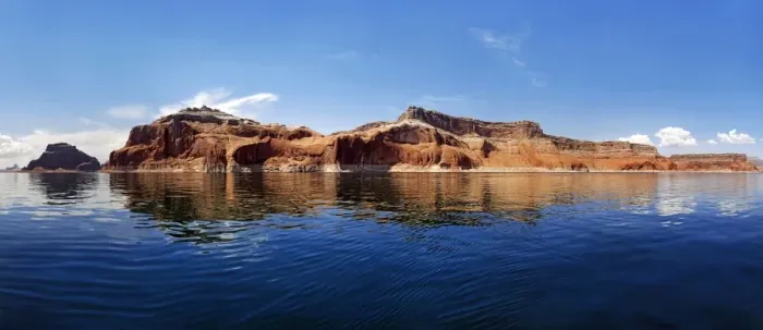 Framed Print : Red Navajo sandstone cliffs, rock formations, rising from Lake Powell, Page, Arizona, USA Framed Print : Red Navajo sandstone cliffs, rock formations, rising from Lake Powell, Page, Arizona, USA