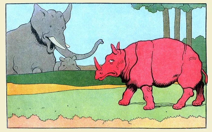 Framed Print : Red Rhino. Now painted red, Mrs. Rhinocerous walks past a hysterical elephant and hippo Framed Print : Red Rhino. Now painted red, Mrs. Rhinocerous walks past a hysterical elephant and hippo