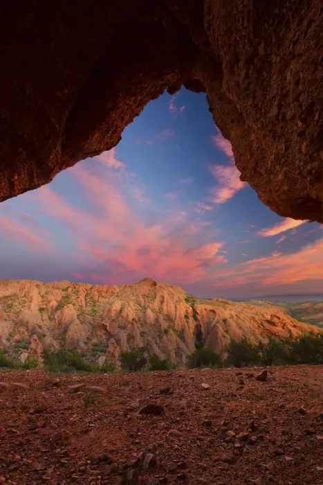 Framed Print : Red rock mountain with arch sunset with clouds near Calitzdorp in South Africa Framed Print : Red rock mountain with arch sunset with clouds near Calitzdorp in South Africa