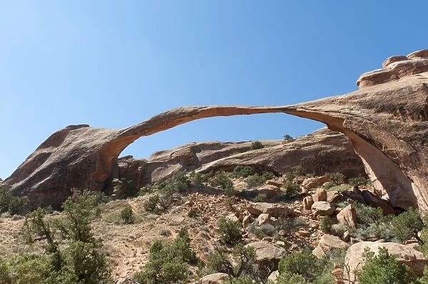 Red sandstone, Landscape Arch, fragile natural stone arch, Arches National Park, Utah, Western United States, United States of America, North America
