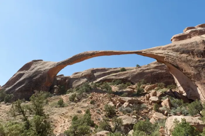 Framed Print : Red sandstone, Landscape Arch, fragile natural stone arch, Arches National Park, Utah, Western United States, United States of America, North America Framed Print : Red sandstone, Landscape Arch, fragile natural stone arch, Arches National Park, Utah, Western United States, United States of America, North America