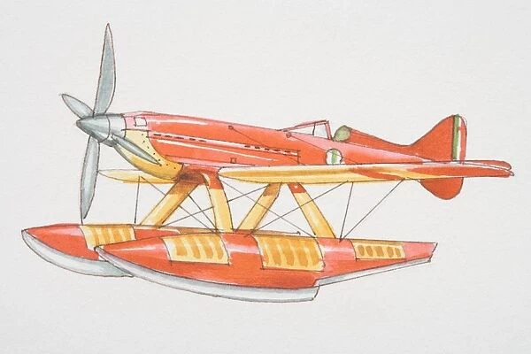 Red seaplane with propellor at front