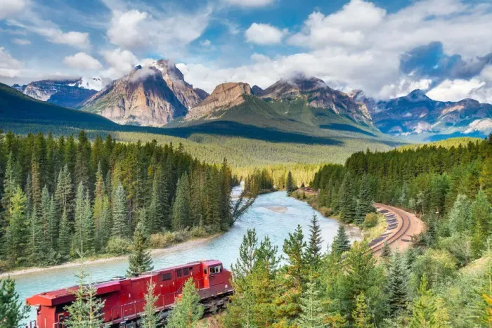 Framed Print : Red train at Morants curve, Banff National Park, Canadian Rockies, Canada