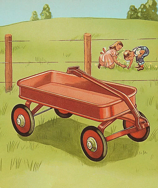 Red Wagon and Children Picking Flowers