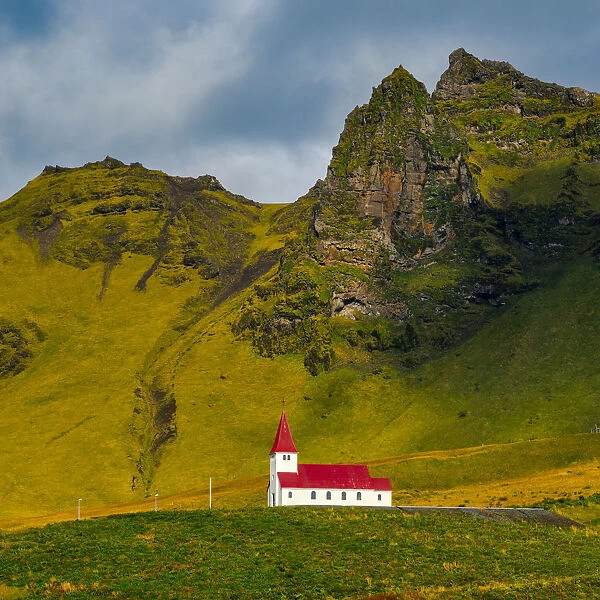 Red and white church of Vik in Southern Iceland