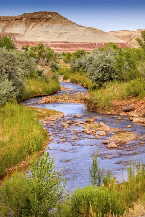 Framed Print : Red White Sandstone Mountain and Fremont River, Capitol Reef National Park, Torrey, Utah, USA