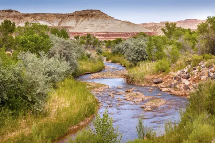 Framed Print : Red White Sandstone Mountain and Fremont River, Capitol Reef National Park, Torrey, Utah, USA