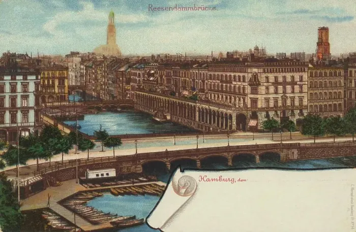Framed Print : Reesendamm Bridge, Hamburg, Germany, postcard with text, view around ca 1910, historical, digital reproduction of a historical postcard, public domain, from that time, exact date unknown Framed Print : Reesendamm Bridge, Hamburg, Germany, postcard with text, view around ca 1910, historical, digital reproduction of a historical postcard, public domain, from that time, exact date unknown