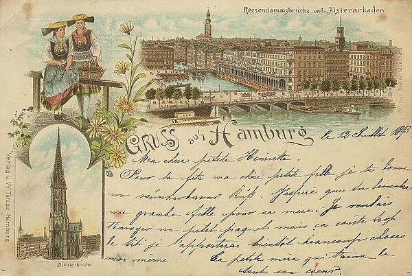 Reesendammbruecke, Alster Arcades, Hamburg, Germany, postcard with text, view around ca 1910, historical, digital reproduction of a historical postcard, public domain, from that time, exact date unknown