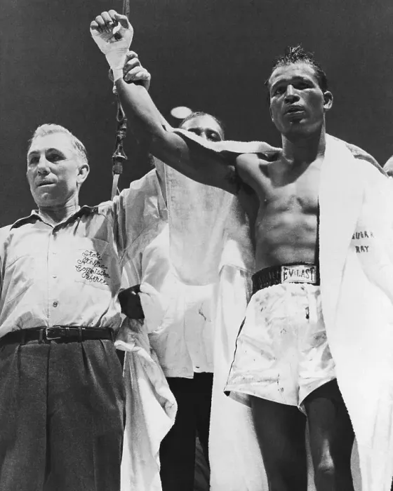 Framed Print : Referee Holds Up Sugar Ray Robinson's Hand Framed Print : Referee Holds Up Sugar Ray Robinson's Hand