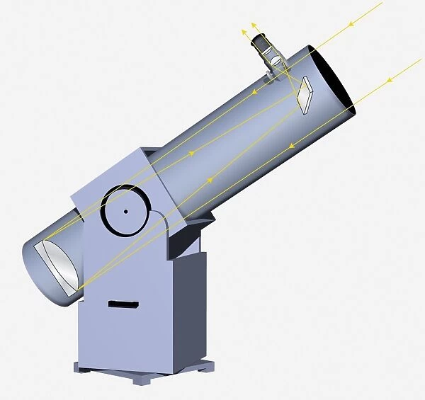 Reflecting telescope showing path of light down the tube, reflecting on the primary mirror to the secondary mirror and eyepiece, digital illustration