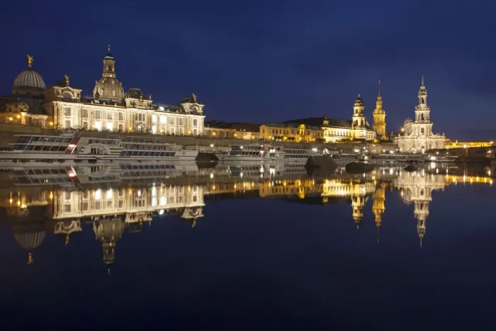 Framed Print : Reflection of the historic city centre of Dresden in the Elbe River at night, Saxony, Germany, Europe
