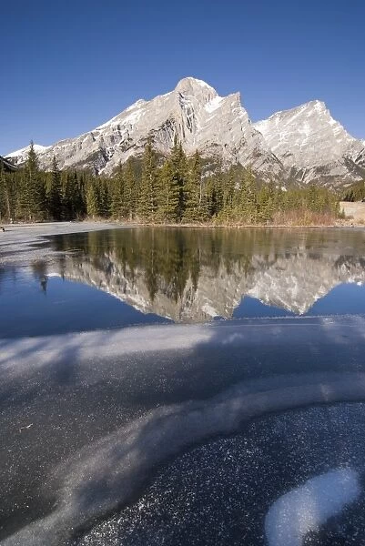 Reflection of mountains in water, Mount Kidd, Kananaskis, Alberta, Canada