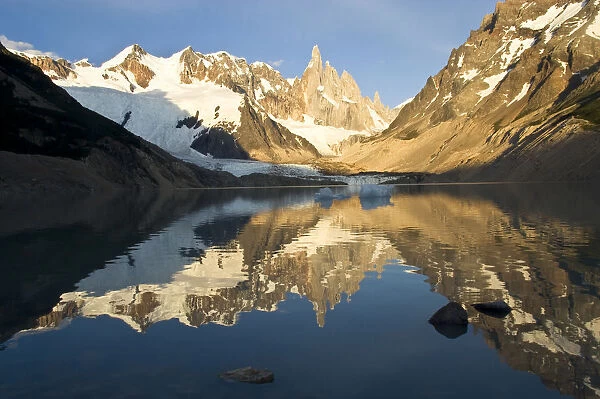Reflection of Mt Cerro Torre in a glacial lake in the morning, Parque Nacional Los Glaciares, Los Glaciares National Park, Patagonia, Argentina, South America