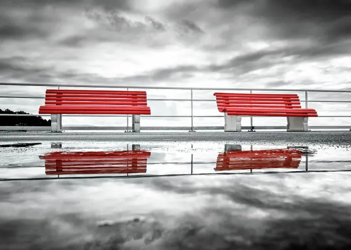 Framed Print : Reflection of two red benches in a puddle on La pier du Moulleau, La Teste-de-Buch, France Framed Print : Reflection of two red benches in a puddle on La pier du Moulleau, La Teste-de-Buch, France