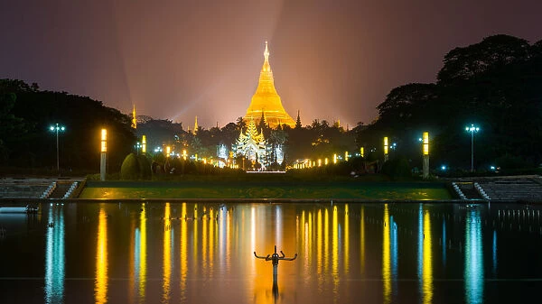 reflection of shwedagon pagoda yangon myanmar