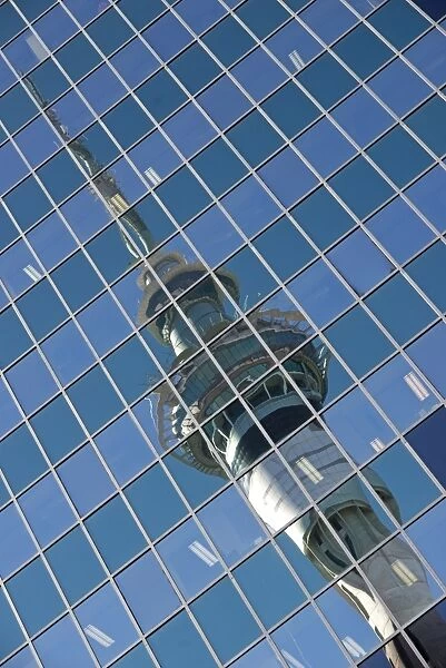 Reflection of the Sky Tower in the Philip Fox Building, Central Business District, Auckland, Auckland Region, New Zealand