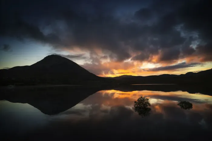 Framed Print : Reflection of sunset and mountain in water Framed Print : Reflection of sunset and mountain in water