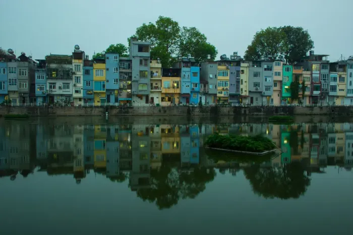 Framed Print : Reflections houses in Hanoi, Vietnam