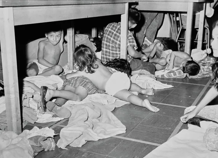 Framed Print : Refugee Children Shelter From Hurricane Carla