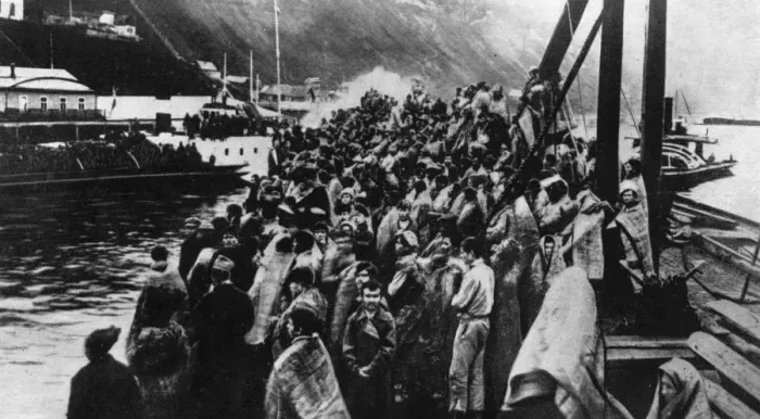 Framed Print : Refugees. 1917: Refugees stand on the deck of a ship during the Russian Revolution Framed Print : Refugees. 1917: Refugees stand on the deck of a ship during the Russian Revolution