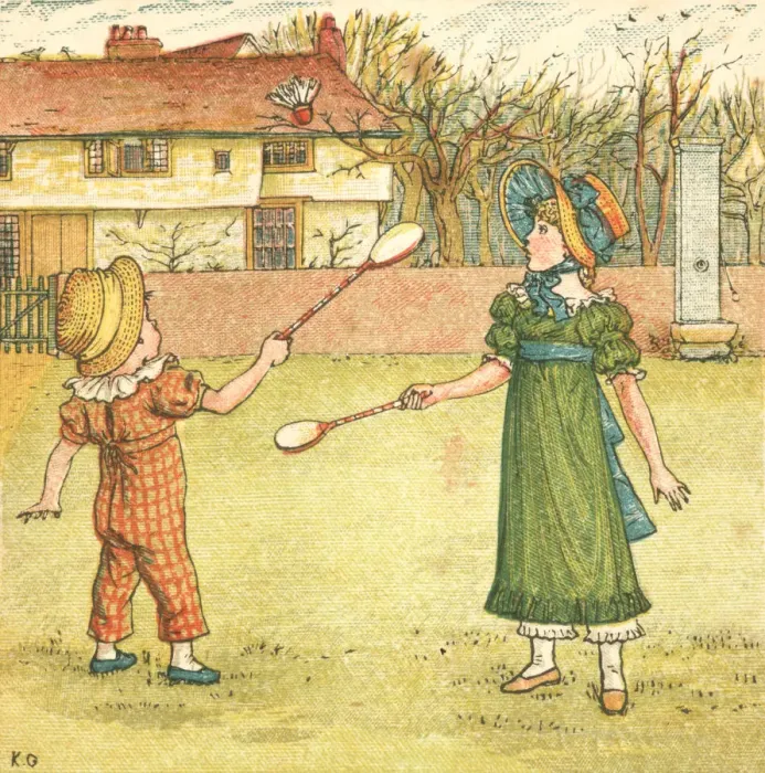 Framed Print : Regency style children playing shuttlecock and battledore on a village green Framed Print : Regency style children playing shuttlecock and battledore on a village green