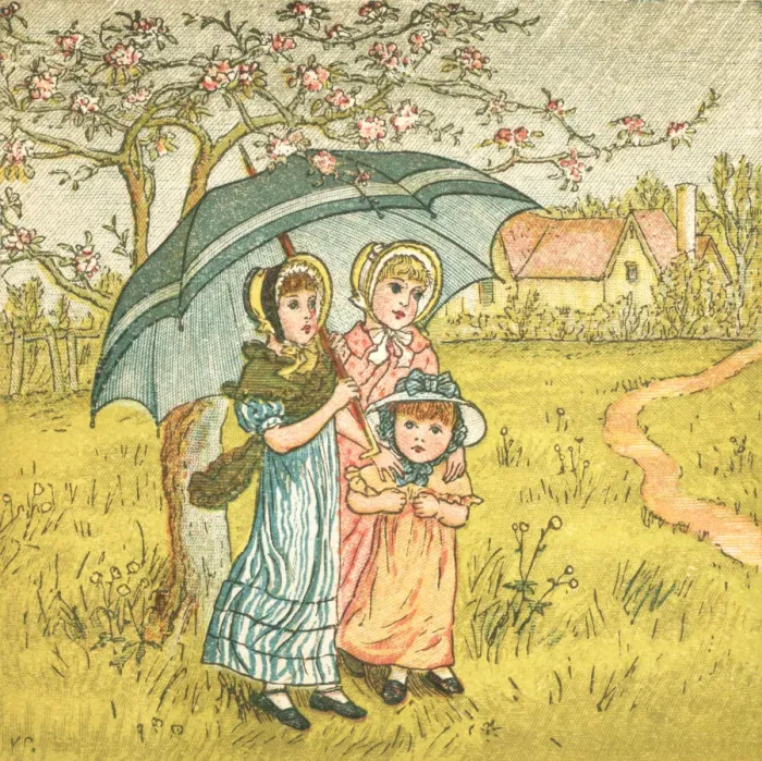 Framed Print : Three Regency style girls sheltering from April showers Framed Print : Three Regency style girls sheltering from April showers