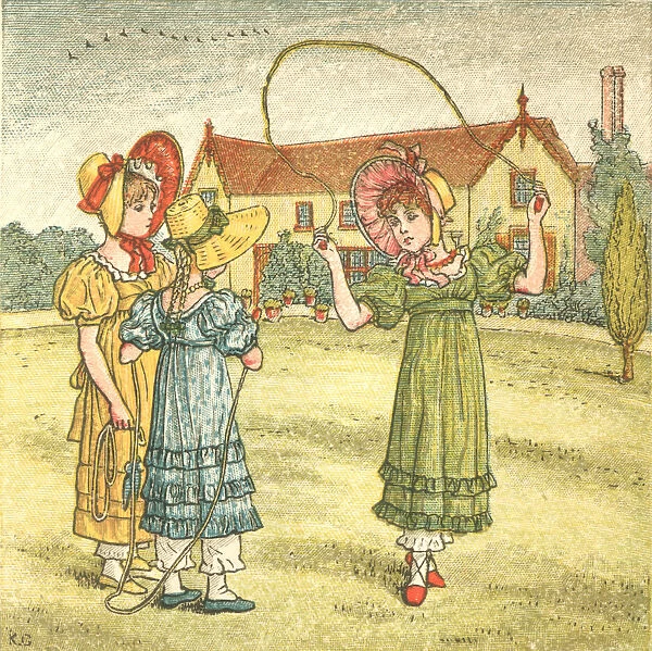 Regency style girls skipping in a summer garden