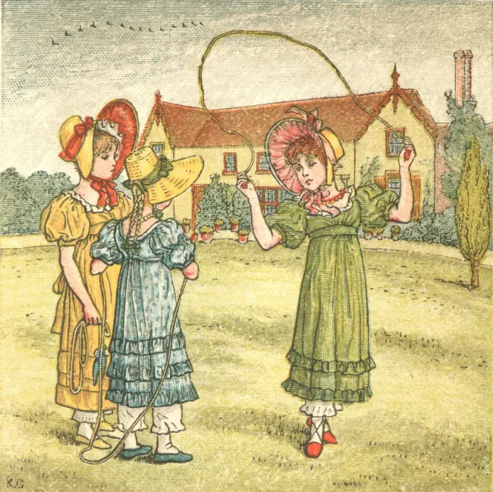 Framed Print : Regency style girls skipping in a summer garden Framed Print : Regency style girls skipping in a summer garden