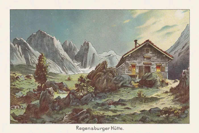 Framed Print : Regensburger Hutte, Dolomites, South Tyrol, Italy, chromolithograph, published in 1891 Framed Print : Regensburger Hutte, Dolomites, South Tyrol, Italy, chromolithograph, published in 1891