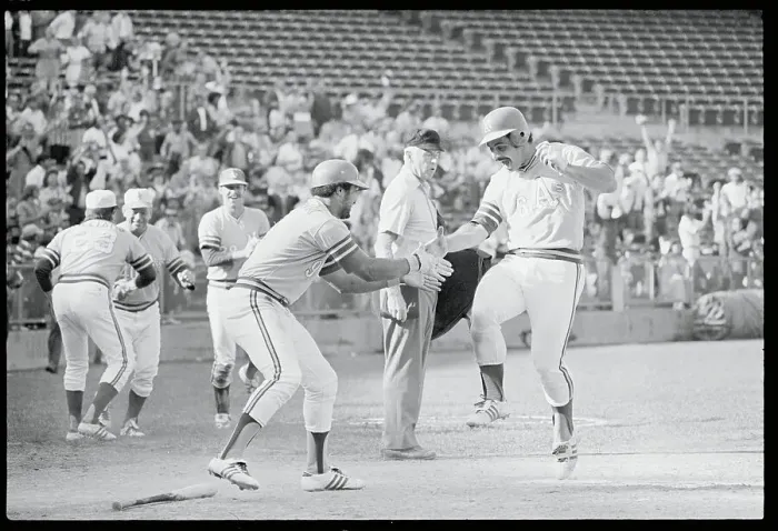 Framed Print : Reggie Jackson Congratulating Sal Bando Framed Print : Reggie Jackson Congratulating Sal Bando
