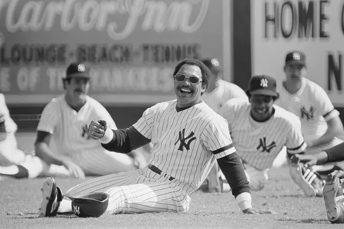 Framed Print : Reggie Jackson Stretching with Teammates Framed Print : Reggie Jackson Stretching with Teammates