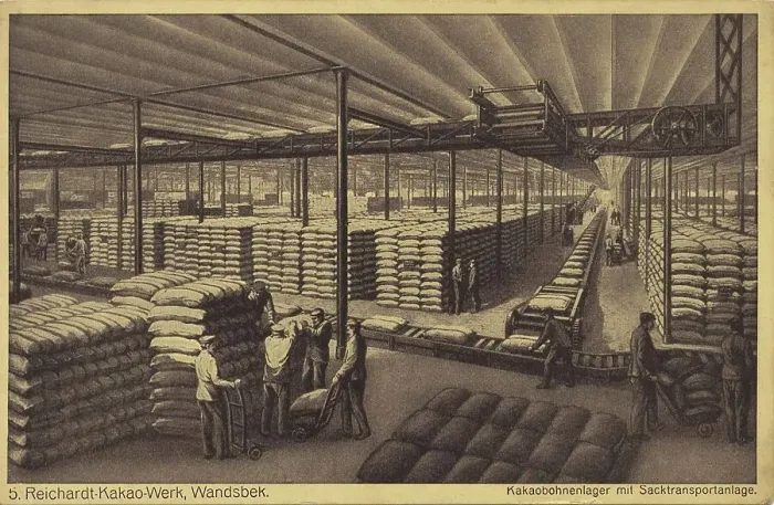 Framed Print : Reichardt Kakaowerk, Wandsbek, cocoa bean warehouse with bag transport system, Hamburg, Germany, postcard with text, view circa 1910, Historic, digital reproduction of a historic postcard, public domain, from the period, exact date unknown Framed Print : Reichardt Kakaowerk, Wandsbek, cocoa bean warehouse with bag transport system, Hamburg, Germany, postcard with text, view circa 1910, Historic, digital reproduction of a historic postcard, public domain, from the period, exact date unknown