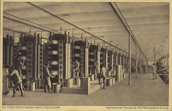 Reichardt Kakaowerk, Wandsbek, Hydraulic Presses, Hamburg, Germany, postcard with text, view circa 1910, historical, digital reproduction of a historical postcard, public domain, from that time, exact date unknown