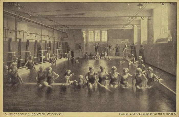 Framed Print : Reichardt Kakaowerk, Wandsbek, shower and swimming pool for female workers, Hamburg, Germany, postcard with text, view around ca 1910, Historic, digital reproduction of a historic postcard, public domain, from that time, exact date unknown