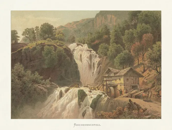 Framed Print : Reichenbach Falls, Bernese Oberland, Switzerland, chromolithograph, published ca. 1872 Framed Print : Reichenbach Falls, Bernese Oberland, Switzerland, chromolithograph, published ca. 1872