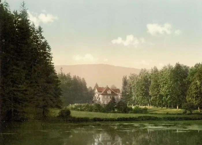 Framed Print : Reinhardsbrunn Inn in Friedrichroda, Friedrichrhoda in Thuringia, Germany, Historic, digitally restored reproduction of a photochrome print from the 1890s