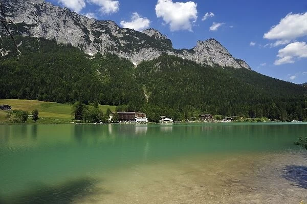 Reiter Alps, the shimmering green Lake Hintersee at the front, Ramsau bei Berchtesgaden, Berchtesgadener Land District, Upper Bavaria, Bavaria, Germany