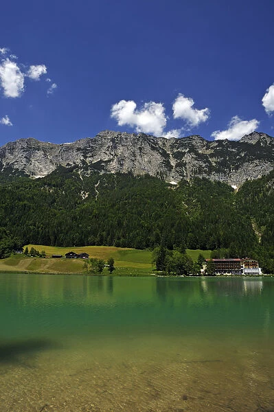 Reiter Alps, the shimmering green Lake Hintersee at the front, Ramsau bei Berchtesgaden, Berchtesgadener Land District, Upper Bavaria, Bavaria, Germany