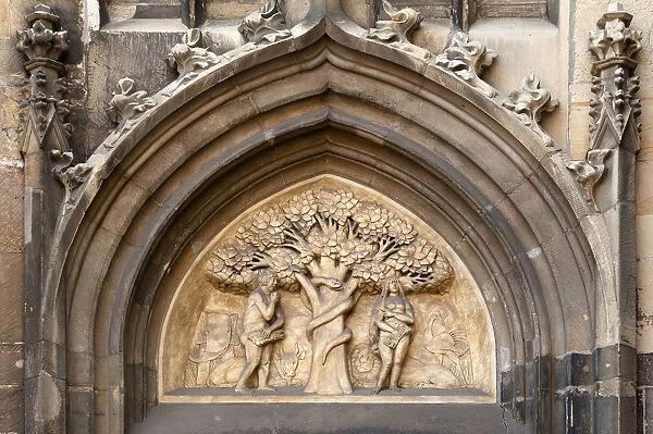 Relief with the depiction of the Fall of Man, Adam and Eve in Paradise, Munster Cathedral, St. -Paulus-Dom, Munster, Munsterland, North Rhine-Westphalia, Germany