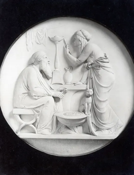 Framed Print : Relief Sculpture Of Elderly Couple, Cat Framed Print : Relief Sculpture Of Elderly Couple, Cat
