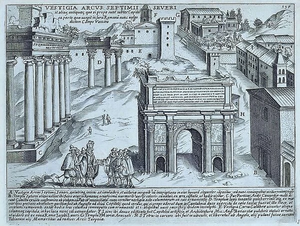 Remains of the Arch of Septimius Severus in 17th century, historical Rome, Italy, digital reproduction of an original 17th century artwork, original date unknown