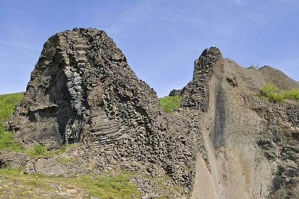 Remnants of volcanic vents made from basalt, Hljooaklettar, Joekulsargljufur National Park, Iceland, Europe