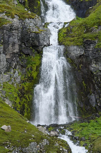 Remote fjord waterfall, Lonagfjordur Nature Reserve, Jokulflrdir, Westfjords, Iceland