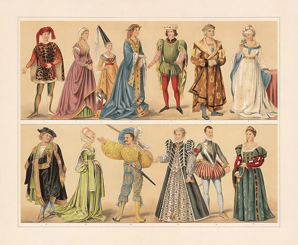Renaissance cosumes (15th and 16th century), chromolithograph, published in 1897